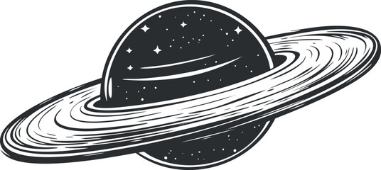 Black and white illustration of a planet with rings resembling Saturn in outer space with stars