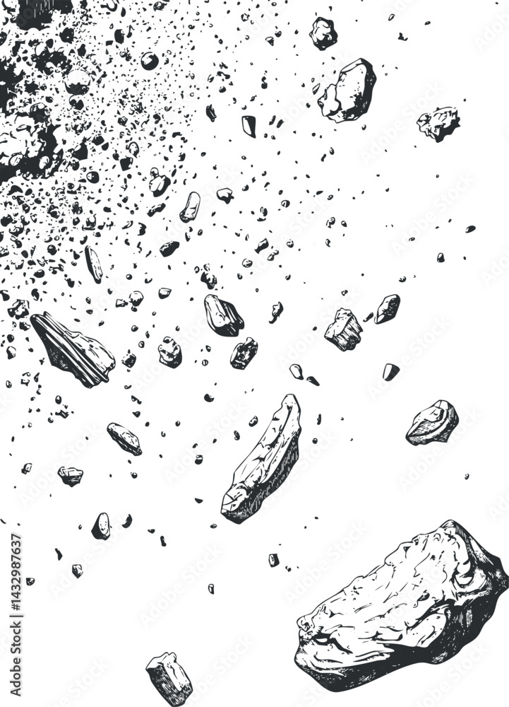 Aufkleber black and white illustration of floating asteroids and space debris scattered in outer space backgro