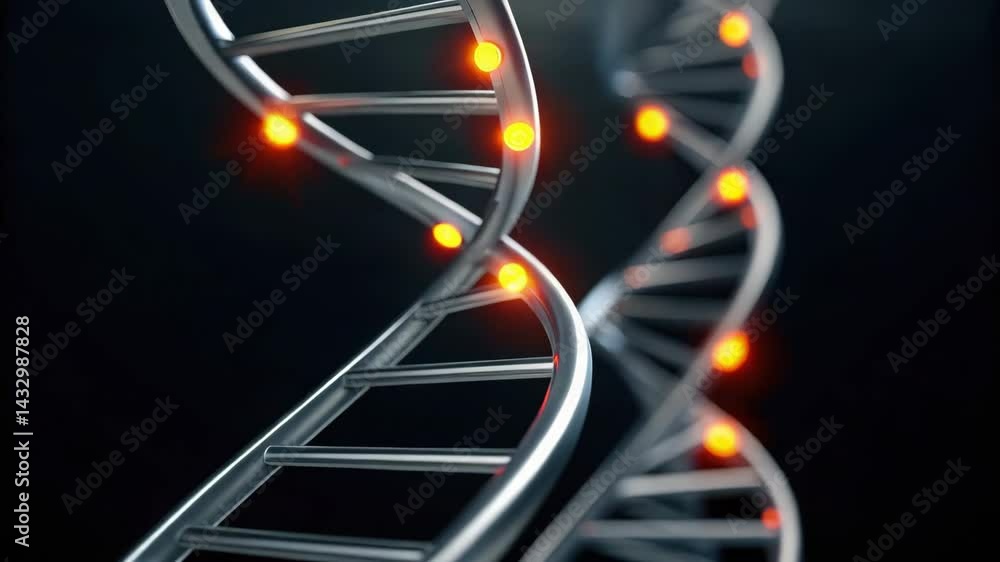 Poster a futuristic double helix structure representing advanced science and innovation related to inflamma