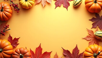 Fototapeta premium Festive Autumn Border with Pumpkins, Gourds, and Colorful Fall Leaves
