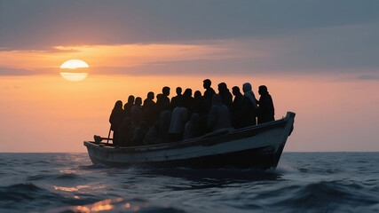 Hopeful sunrise silhouettes refugee boat journey ocean escape, world refugee day