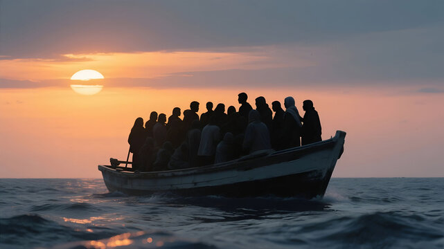 Hopeful sunrise silhouettes refugee boat journey ocean escape, world refugee day