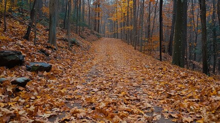 Obraz premium Autumnal forest path covered with fallen leaves.