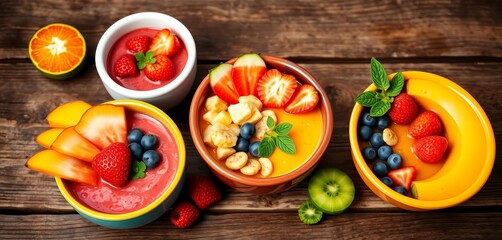 Vibrant tropical fruit smoothie bowls in colorful ceramic bowls on rustic wooden background, wooden, fruit