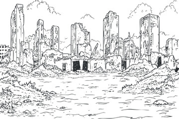 Black and white sketch of a postapocalyptic ruined cityscape with destroyed buildings and debris