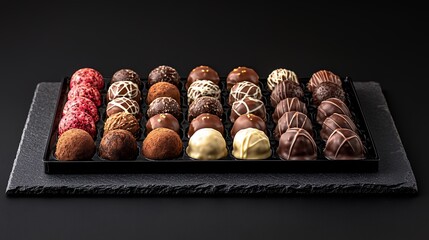 Assortment of luxury chocolate truffles arranged on black slate platter