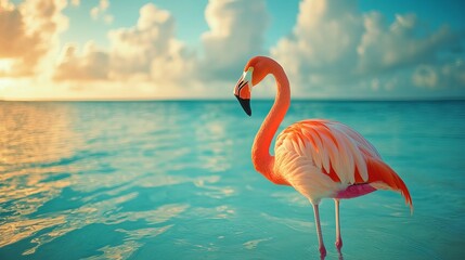 An elegant flamingo stands in tranquil waters, showcasing vibrant pink feathers against a serene sky, reflecting a peaceful sunset glow.