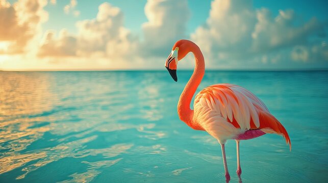 An elegant flamingo stands in tranquil waters, showcasing vibrant pink feathers against a serene sky, reflecting a peaceful sunset glow.