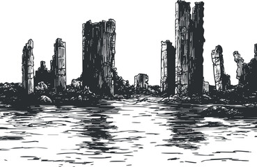 Black and white sketch of ancient stone ruins with tall columns reflected in calm water