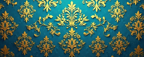 Elegant Damask Wallpaper with Gold and Turquoise Accents, sophisticated decor, rich colors, luxury wallpaper