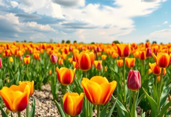 Fototapeta premium Vibrant tulips bloom in a field under a spring sky, wallpaper, spring flowers