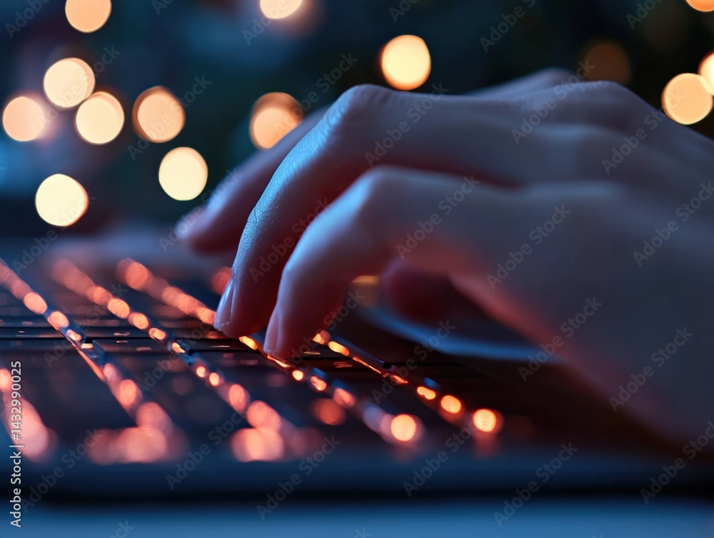 Poster typing on illuminated keyboard
