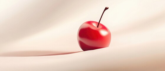 Obraz premium Glossy red cherry with stem on a smooth surface, illuminated by soft light Concept of freshness, healthy eating, and summer fruit