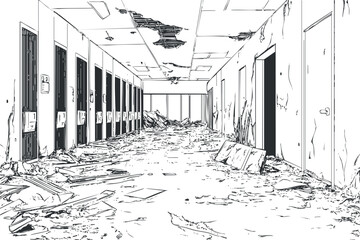 Abandoned and ruined hallway with damaged walls ceiling and debris covering the floor inside a dilapidated building