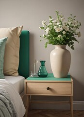 Emerald green bedding, beige nightstand, stylish vase with flowers , emerald green bedding,  interior design,  beige furniture