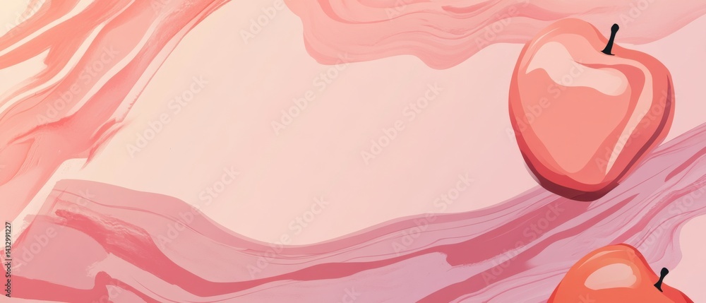 Poster abstract pink background with apple illustration and fluid art, creating a modern and artistic backd
