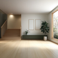 Fototapeta premium serene minimalist interior featuring wooden stairs, large window with natural light, and potted plant. space is designed for tranquility and simplicity, perfect for modern living