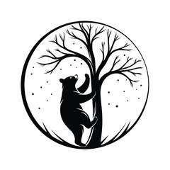 Black Bear Climbing Tree Silhouette, Circle Frame, Wildlife Illustration, Simple Design