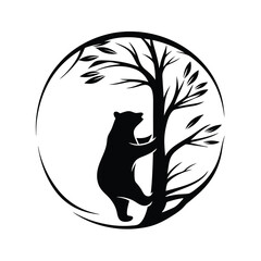Silhouette Black Bear Climbing Tree Trunk in a Circular Forest