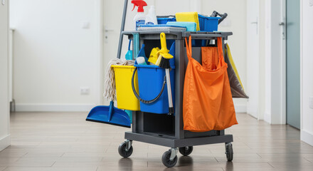 Cleaning Cart Essentials: Organization & Hygiene for a Spotless Home or Business! Supplies, Tools, Sanitation.