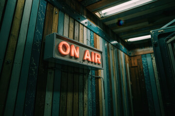 Obraz premium Vintage On-Air Sign Captured in Dimly Lit Recording Studio with Rustic Wooden Walls