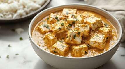 A delectable bowl of Paneer Butter Masala, an authentic Indian dish with a rice bowl