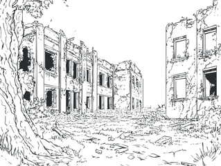 Black and white line drawing of abandoned and dilapidated buildings overgrown with vegetation in a deserted urban area