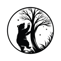 Black Bear Climbing Tree Silhouette in Circle with Stars, Forest Scene, Animal