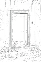 Line drawing of an abandoned hallway with a doorway, peeling walls, and debris scattered on the floor.
