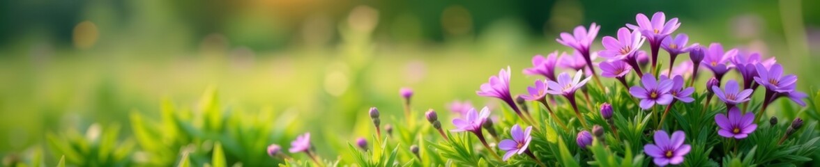 Fototapeta premium Vibrant violet wildflowers blooming on bush in grassy field, wildflowers, nature, vibrant