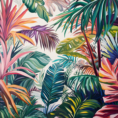 resplendent of plentiful tropical foliage, juxtaposed against a pristine canvas of pure white, showcases a kaleidoscope of vivid hues, intricate contours, and an exquisite array of leafy diversity 