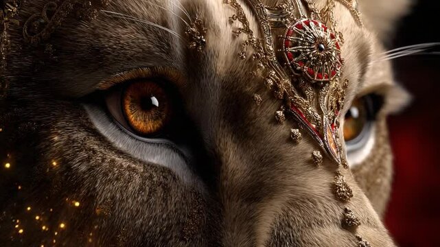 A close-up of a lion's eyes showcases the beauty and power of Leo, the fifth zodiac sign. The lion is adorned with stunning jewelry, reflecting the sign's regal nature