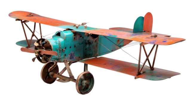 Vintage Airplane in Rustic Colors: An antique biplane, crafted with intricate detail, is showcased in a captivating display of craftsmanship, with its weathered exterior adding to the charm.