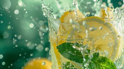 A refreshing splash of mint lemonade with droplets frozen in motion on a soft green backdrop.