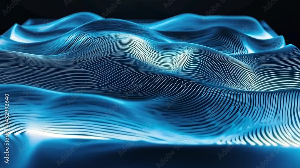 Poster exploring vibrant patterns and waves in illuminated art installation at an art exhibit in a modern g