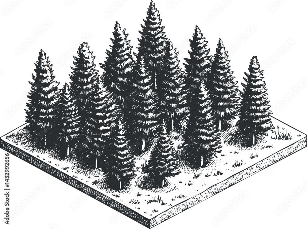 Poster black and white illustration of a dense pine forest with tall coniferous trees on a square patch of 