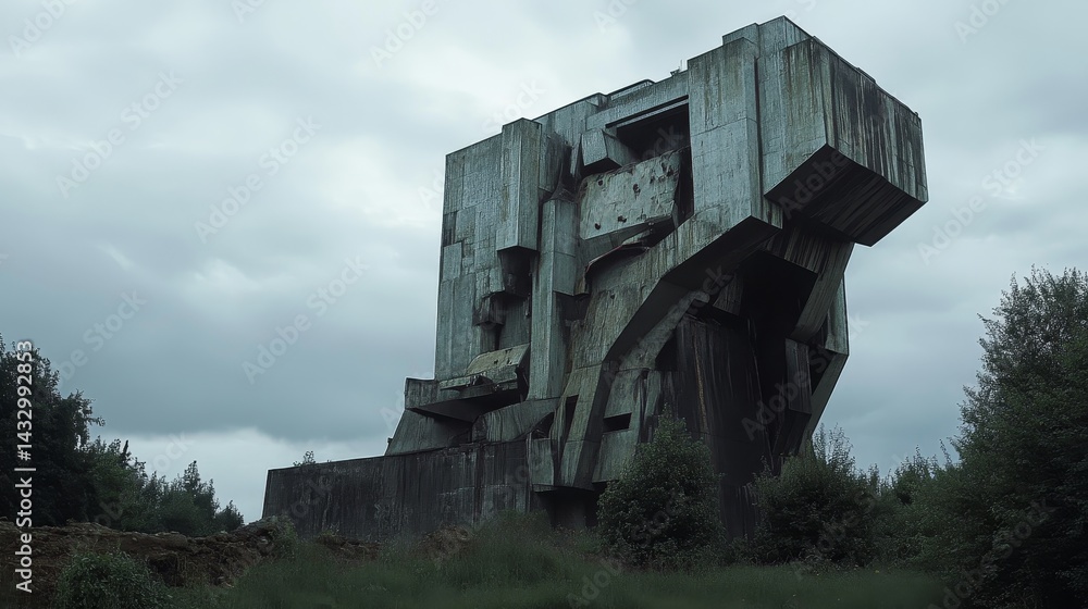 Poster brutalist concrete building in a field with trees and an overcast sky.