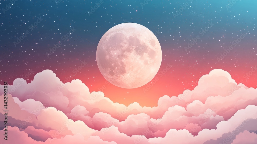 Poster flat design of a moon with clouds drifting by in a pastel color palette