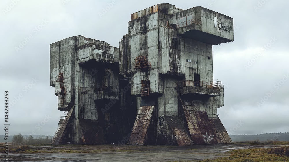Aufkleber concrete brutalist structure stands in a field under an overcast sky.