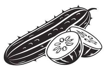 Black And White Cucumber with Two Slices, Prickly Skin Isolated on White Background