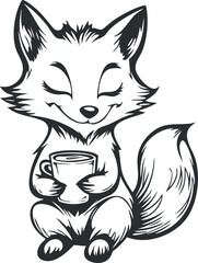 Cute cartoon fox holding a cup of coffee smiling happily in black and white illustration