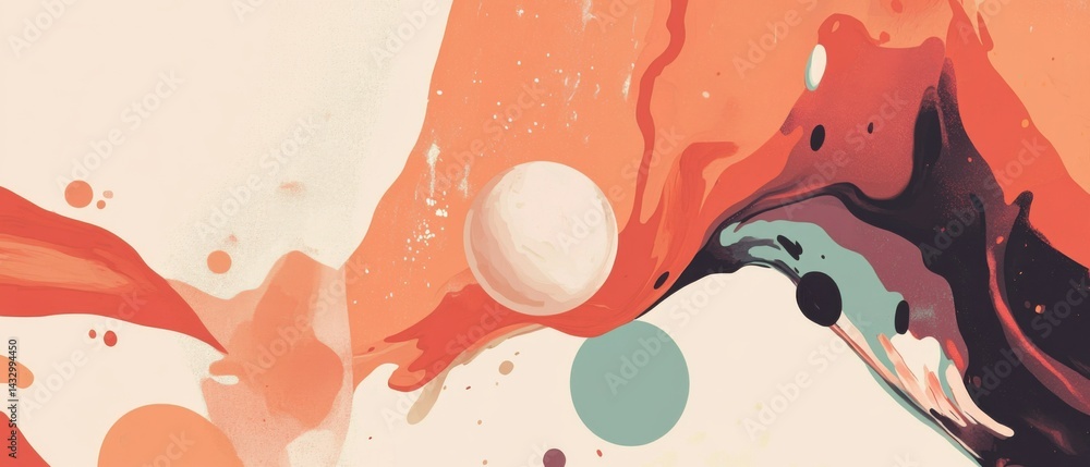 Poster abstract painting with fluid shapes and spheres in warm orange and cool teal tones, creating a moder