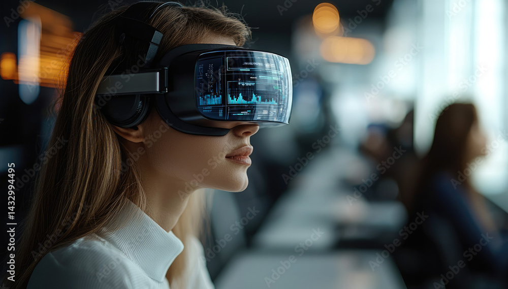 Poster woman wearing virtual reality goggles is immersed digital environment, showcasing advanced technolog
