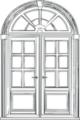 Detailed black and white sketch of classic double wooden door with arched window above and panel design.