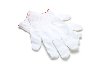 pair of white cotton gloves on white background
