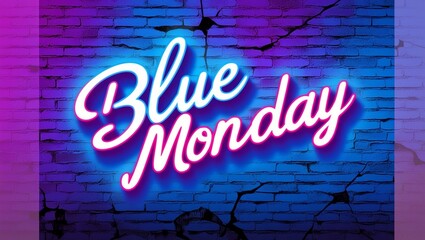 Obraz premium Blue Monday Neon Text Against Brick Wall for Vibrant Signage Design Inspiration.