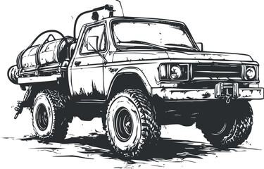 Black and white sketch of a rugged offroad pickup truck with large tires and utility equipment on the back. © vadymstock