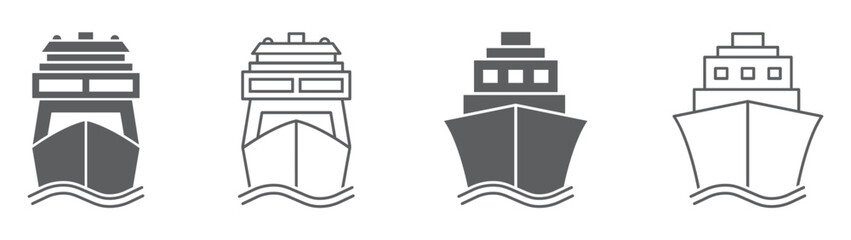 Set of ship icons. Ferry boat symbol, boat, ship front view. Cargo ship, cruise ship, marine sailboat transport, transport signs. Vector. © SVIATOSLAV