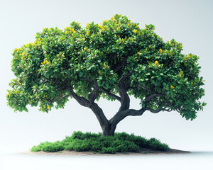 Obraz premium Lush Green Tree with Full Foliage and Yellow Highlights Isolated on White Background Front View