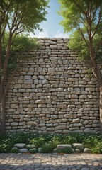 Fototapeta premium Stone wall park poster mockup, trees background, billboard, marketing